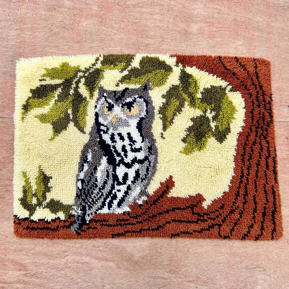 Vintage MCM 1970s Latch Hook Owl Rug or Wall Decor